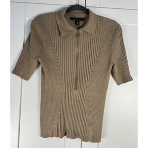 White House Black Market Collared Knit Zip Top Beige Short Sleeve M
